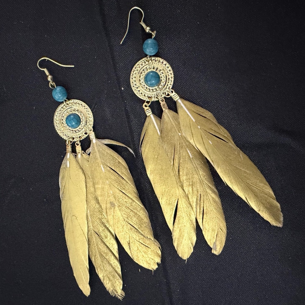 Gold Feather Dangle Earrings Turquoise Bead Boho Statement Jewelry